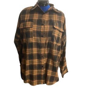 BLOOMING JELLY Women’s Plaid Shirt Size Medium OVERSIZED Brown Gold New With Tag